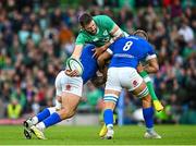 5 August 2023; Stuart McCloskey of Ireland is tackled by Marco Riccioni, left, and Lorenzo Cannone of Italy during the Bank of Ireland Nations Series match between Ireland and Italy at the Aviva Stadium in Dublin. Photo by Ramsey Cardy/Sportsfile