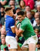 5 August 2023; Jacob Stockdale of Ireland is tackled by Stephen Varney of Italy during the Bank of Ireland Nations Series match between Ireland and Italy at the Aviva Stadium in Dublin. Photo by Harry Murphy/Sportsfile