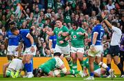 5 August 2023; Ireland players Joe McCarthy and Tom O’Toole celebrate their side's second try scored by Caelan Doris during the Bank of Ireland Nations Series match between Ireland and Italy at the Aviva Stadium in Dublin. Photo by Ramsey Cardy/Sportsfile
