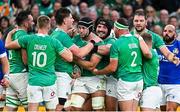 5 August 2023; Caelan Doris of Ireland celebrates with teammates after scoring his side's second try during the Bank of Ireland Nations Series match between Ireland and Italy at the Aviva Stadium in Dublin. Photo by Ramsey Cardy/Sportsfile