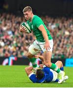 5 August 2023; Jack Crowley of Ireland is tackled by Paolo Garbisi of Italy during the Bank of Ireland Nations Series match between Ireland and Italy at the Aviva Stadium in Dublin. Photo by Ramsey Cardy/Sportsfile