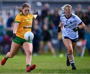 5 August 2023; Tara Geoghegan of Donegal in action against Ciara Whelan Barrett of Waterford during the ZuCar All-Ireland Ladies Football U18 C final match between Donegal and Waterford at Kinnegad in Westmeath. Photo by Piaras Ó Mídheach/Sportsfile