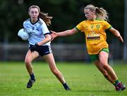 5 August 2023; Lia Ní Arta of Waterford in action against Ulitah Boyle of Donegal during the ZuCar All-Ireland Ladies Football U18 C final match between Donegal and Waterford at Kinnegad in Westmeath. Photo by Piaras Ó Mídheach/Sportsfile