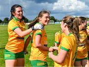 5 August 2023; Donegal players, from left, Rhíana Mc Colgan, Ava Walsh and Tara Rose Mahon celebrate after their side's victory in the ZuCar All-Ireland Ladies Football U18 C final match between Donegal and Waterford at Kinnegad in Westmeath. Photo by Piaras Ó Mídheach/Sportsfile