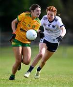 5 August 2023; Aisling O'Neill of Donegal in action against Hannah McGrath  of Waterford during the ZuCar All-Ireland Ladies Football U18 C final match between Donegal and Waterford at Kinnegad in Westmeath. Photo by Piaras Ó Mídheach/Sportsfile