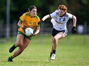 5 August 2023; Aisling O'Neill of Donegal in action against Hannah McGrath  of Waterford during the ZuCar All-Ireland Ladies Football U18 C final match between Donegal and Waterford at Kinnegad in Westmeath. Photo by Piaras Ó Mídheach/Sportsfile