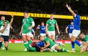 5 August 2023; Tommaso Menoncello of Italy dives over to score his side's third try during the Bank of Ireland Nations Series match between Ireland and Italy at the Aviva Stadium in Dublin. Photo by Ramsey Cardy/Sportsfile