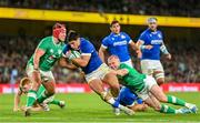 5 August 2023; Tommaso Menoncello of Italy dives over to score his side's third try during the Bank of Ireland Nations Series match between Ireland and Italy at the Aviva Stadium in Dublin. Photo by Ramsey Cardy/Sportsfile