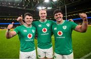 5 August 2023; Ireland debutants, from left, Calvin Nash, Ciaran Frawley and Tom Stewart after the Bank of Ireland Nations Series match between Ireland and Italy at the Aviva Stadium in Dublin. Photo by Ramsey Cardy/Sportsfile