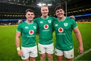 5 August 2023; Ireland debutants, from left, Calvin Nash, Ciaran Frawley and Tom Stewart after the Bank of Ireland Nations Series match between Ireland and Italy at the Aviva Stadium in Dublin. Photo by Ramsey Cardy/Sportsfile