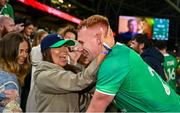 5 August 2023; Ciaran Frawley of Ireland with his sister Alanna after making his debut in the Bank of Ireland Nations Series match between Ireland and Italy at the Aviva Stadium in Dublin. Photo by Harry Murphy/Sportsfile
