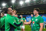 5 August 2023; James Lowe and Tom Stewart of Ireland after their side's victory in the Bank of Ireland Nations Series match between Ireland and Italy at the Aviva Stadium in Dublin. Photo by Harry Murphy/Sportsfile