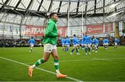 5 August 2023; Jacob Stockdale of Ireland runs out before the Bank of Ireland Nations Series match between Ireland and Italy at the Aviva Stadium in Dublin. Photo by Harry Murphy/Sportsfile