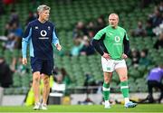 5 August 2023; Ireland defence coach Simon Easterby, left, and Keith Earls of Ireland before the Bank of Ireland Nations Series match between Ireland and Italy at the Aviva Stadium in Dublin. Photo by Ramsey Cardy/Sportsfile