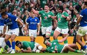 5 August 2023; Ireland players Joe McCarthy and Tom O’Toole celebrate their side's second try scored by Caelan Doris during the Bank of Ireland Nations Series match between Ireland and Italy at the Aviva Stadium in Dublin. Photo by Ramsey Cardy/Sportsfile