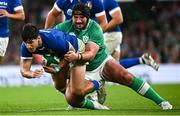 5 August 2023; Tommaso Menoncello of Italy is tackled by Tom O’Toole of Ireland during the Bank of Ireland Nations Series match between Ireland and Italy at the Aviva Stadium in Dublin. Photo by Ramsey Cardy/Sportsfile
