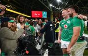 5 August 2023; Ciaran Frawley and Caelan Doris of Ireland have a picture taken after their side's victory in the Bank of Ireland Nations Series match between Ireland and Italy at the Aviva Stadium in Dublin. Photo by Harry Murphy/Sportsfile