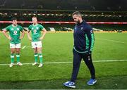 5 August 2023; Ireland head coach Andy Farrell alongside debutants Tom Stewart and Ciaran Frawley after their side's victory in the Bank of Ireland Nations Series match between Ireland and Italy at the Aviva Stadium in Dublin. Photo by Harry Murphy/Sportsfile