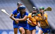 6 August 2023; Rachel Maher of Tipperary in action against Labhaoise O'Donnell of Clare during the Glen Dimplex All-Ireland Camogie Championship Premier Junior Final match between Clare and Tipperary at Croke Park in Dublin. Photo by Piaras Ó Mídheach/Sportsfile