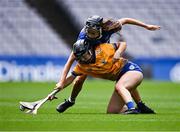 6 August 2023; Grace Carmody of Clare in action against Rachel Maher of Tipperary during the Glen Dimplex All-Ireland Camogie Championship Premier Junior Final match between Clare and Tipperary at Croke Park in Dublin. Photo by Piaras Ó Mídheach/Sportsfile