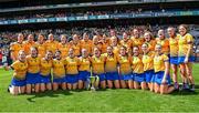6 August 2023; Clare players celebrate with the Kay Mills Cup after their side's victory in the Glen Dimplex All-Ireland Camogie Championship Premier Junior Final match between Clare and Tipperary at Croke Park in Dublin. Photo by Piaras Ó Mídheach/Sportsfile