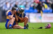 6 August 2023; Tipperary players Ciannait Walsh, left, and Lisa Cahill after their side's defeat in the Glen Dimplex All-Ireland Camogie Championship Premier Junior Final match between Clare and Tipperary at Croke Park in Dublin. Photo by Piaras Ó Mídheach/Sportsfile