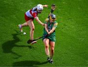 6 August 2023; Claire Coffey of Meath in action against Aoife Shaw of Derry during the Glen Dimplex All-Ireland Camogie Championship Premier Intermediate Final match between Meath and Derry at Croke Park in Dublin. Photo by Piaras Ó Mídheach/Sportsfile