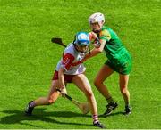 6 August 2023; Rachel Downey of Derry in action against Olivia O'Halloran of Meath during the Glen Dimplex All-Ireland Camogie Championship Premier Intermediate Final match between Meath and Derry at Croke Park in Dublin. Photo by Stephen Marken/Sportsfile