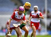 6 August 2023; Orlaith Hull of Derry in action against Aoife Minogue of Meath during the Glen Dimplex All-Ireland Camogie Championship Premier Intermediate Final match between Meath and Derry at Croke Park in Dublin. Photo by Piaras Ó Mídheach/Sportsfile