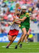 6 August 2023; Olivia O'Halloran of Meath in action against Dervla O'Kane of Meath during the Glen Dimplex All-Ireland Camogie Championship Premier Intermediate Final match between Meath and Derry at Croke Park in Dublin. Photo by Stephen Marken/Sportsfile