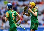 6 August 2023; Aoife Minogue of Meath, right, reacts after she missed an injury-time free during the Glen Dimplex All-Ireland Camogie Championship Premier Intermediate Final match between Meath and Derry at Croke Park in Dublin. Photo by Piaras Ó Mídheach/Sportsfile