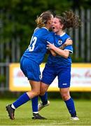 6 August 2023; Amy O’Halloran of Limerick Women’s SSL, right, celebrates with teammate Emma Nolan after scoring her side's fourth goal during the 2023 FAI Women's Angela Hearst Inter-League Cup final match between Eastern Women's FL and Limerick Women's SSL at Leah Victoria Park in Tullamore, Offaly. Photo by Harry Murphy/Sportsfile