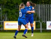 6 August 2023; Amy O’Halloran of Limerick Women’s SSL, right, celebrates with teammate Emma Nolan after scoring her side's fourth goal during the 2023 FAI Women's Angela Hearst Inter-League Cup final match between Eastern Women's FL and Limerick Women's SSL at Leah Victoria Park in Tullamore, Offaly. Photo by Harry Murphy/Sportsfile