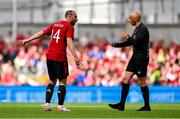 6 August 2023; Referee Neil Doyle in conversation with Christian Eriksen of Manchester United during the pre-season friendly match between Manchester United and Athletic Bilbao at the Aviva Stadium in Dublin. Photo by Ben McShane/Sportsfile