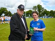 6 August 2023; Rebecca Horgan of Limerick Women’s SSL is presented the Player of the Match award by Brian Little after the 2023 FAI Women's Angela Hearst Inter-League Cup final match between Eastern Women's FL and Limerick Women's SSL at Leah Victoria Park in Tullamore, Offaly. Photo by Harry Murphy/Sportsfile