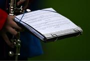 6 August 2022; Musical notes of a member of the Artane Band for Amhrán na bhFiann before the Glen Dimplex All-Ireland Camogie Championship Premier Senior Final match between Waterford and Cork at Croke Park in Dublin. Photo by Piaras Ó Mídheach/Sportsfile