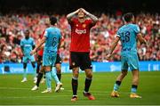6 August 2023; Victor Lindelöf of Manchester United reacts during the pre-season friendly match between Manchester United and Athletic Bilbao at the Aviva Stadium in Dublin. Photo by David Fitzgerald/Sportsfile