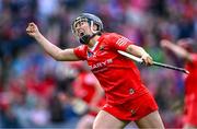 6 August 2022; Amy O'Connor of Cork celebrates after scoring her side's fourth goal, and her hat-trick, during the Glen Dimplex All-Ireland Camogie Championship Premier Senior Final match between Waterford and Cork at Croke Park in Dublin. Photo by Piaras Ó Mídheach/Sportsfile