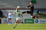 6 August 2023; Daniel Cleary of Shamrock Rovers in action against Jaze Kabia of Cork City during the SSE Airtricity Men's Premier Division match between Shamrock Rovers and Cork City at Tallaght Stadium in Dublin. Photo by Seb Daly/Sportsfile