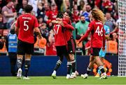 6 August 2023; Facundo Pellistri of Manchester United celebrates with teammate Noam Emeran after scoring their first goal during the pre-season friendly match between Manchester United and Athletic Bilbao at the Aviva Stadium in Dublin. Photo by Ben McShane/Sportsfile