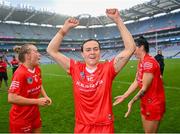 6 August 2022; Hannah Looney of Cork, centre, and her teammates celebrate after their side's victory in the Glen Dimplex All-Ireland Camogie Championship Premier Senior Final match between Waterford and Cork at Croke Park in Dublin. Photo by Piaras Ó Mídheach/Sportsfile