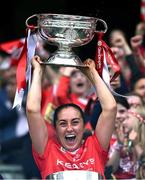 6 August 2022; Cork captain Amy O'Connor lifts the O'Duffy Cup after the Glen Dimplex All-Ireland Camogie Championship Premier Senior Final match between Waterford and Cork at Croke Park in Dublin. Photo by Piaras Ó Mídheach/Sportsfile