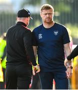 6 August 2023; Dundalk head coach Stephen O'Donnell, left, shakes hands with Shelbourne manager Damien Duff after their side's draw in the SSE Airtricity Men's Premier Division match between Dundalk and Shelbourne at Oriel Park in Dundalk, Louth. Photo by Ramsey Cardy/Sportsfile