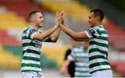 6 August 2023; Liam Burt of Shamrock Rovers, left, celebrates with teammate Graham Burke after scoring their side's second goal during the SSE Airtricity Men's Premier Division match between Shamrock Rovers and Cork City at Tallaght Stadium in Dublin. Photo by Seb Daly/Sportsfile