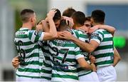 6 August 2023; Liam Burt of Shamrock Rovers, 27, celebrates with teammates after scoring their side's second goal during the SSE Airtricity Men's Premier Division match between Shamrock Rovers and Cork City at Tallaght Stadium in Dublin. Photo by Seb Daly/Sportsfile