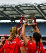 6 August 2022; Cork players including Fiona Keating celebrate with O'Duffy Cup after the Glen Dimplex All-Ireland Camogie Championship Premier Senior Final match between Waterford and Cork at Croke Park in Dublin. Photo by Stephen Marken/Sportsfile