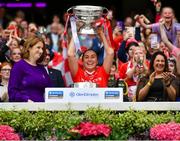 6 August 2022; Cork captain Amy O'Connor lifts the O'Duffy Cup after the Glen Dimplex All-Ireland Camogie Championship Premier Senior Final match between Waterford and Cork at Croke Park in Dublin. Photo by Stephen Marken/Sportsfile
