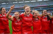 6 August 2022; Cork players celebrate after their side's victory in the Glen Dimplex All-Ireland Camogie Championship Premier Senior Final match between Waterford and Cork at Croke Park in Dublin. Photo by Piaras Ó Mídheach/Sportsfile