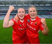 6 August 2022; Cork players, Amy Lee, left, and Libby Coppinger celebrate after their side's victory in the Glen Dimplex All-Ireland Camogie Championship Premier Senior Final match between Waterford and Cork at Croke Park in Dublin. Photo by Piaras Ó Mídheach/Sportsfile