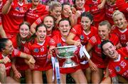 6 August 2022; Cork players celebrate with O'Duffy Cup after their side's victory in the Glen Dimplex All-Ireland Camogie Championship Premier Senior Final match between Waterford and Cork at Croke Park in Dublin. Photo by Piaras Ó Mídheach/Sportsfile